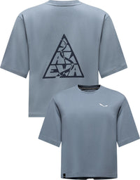 Blue-gray loose fit t-shirt shown from front and back with triangular logo design