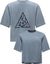 Blue-gray loose fit t-shirt shown from front and back with triangular logo design