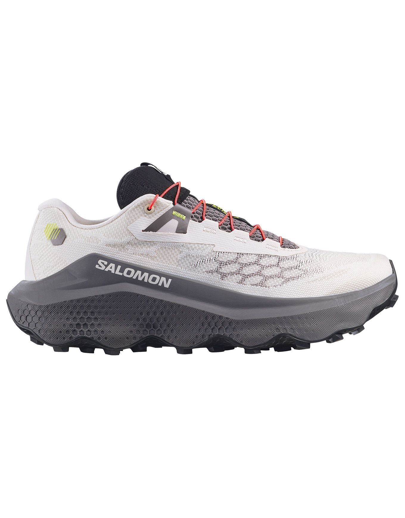 Trail running shoe with light gray mesh upper, chunky dark gray lugged outsole, and red laces, side view