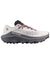 Trail running shoe with light gray mesh upper, chunky dark gray lugged outsole, and red laces, side view