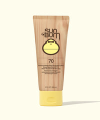 Tan sunscreen lotion tube with yellow cap showing SPF 70 rating, front view