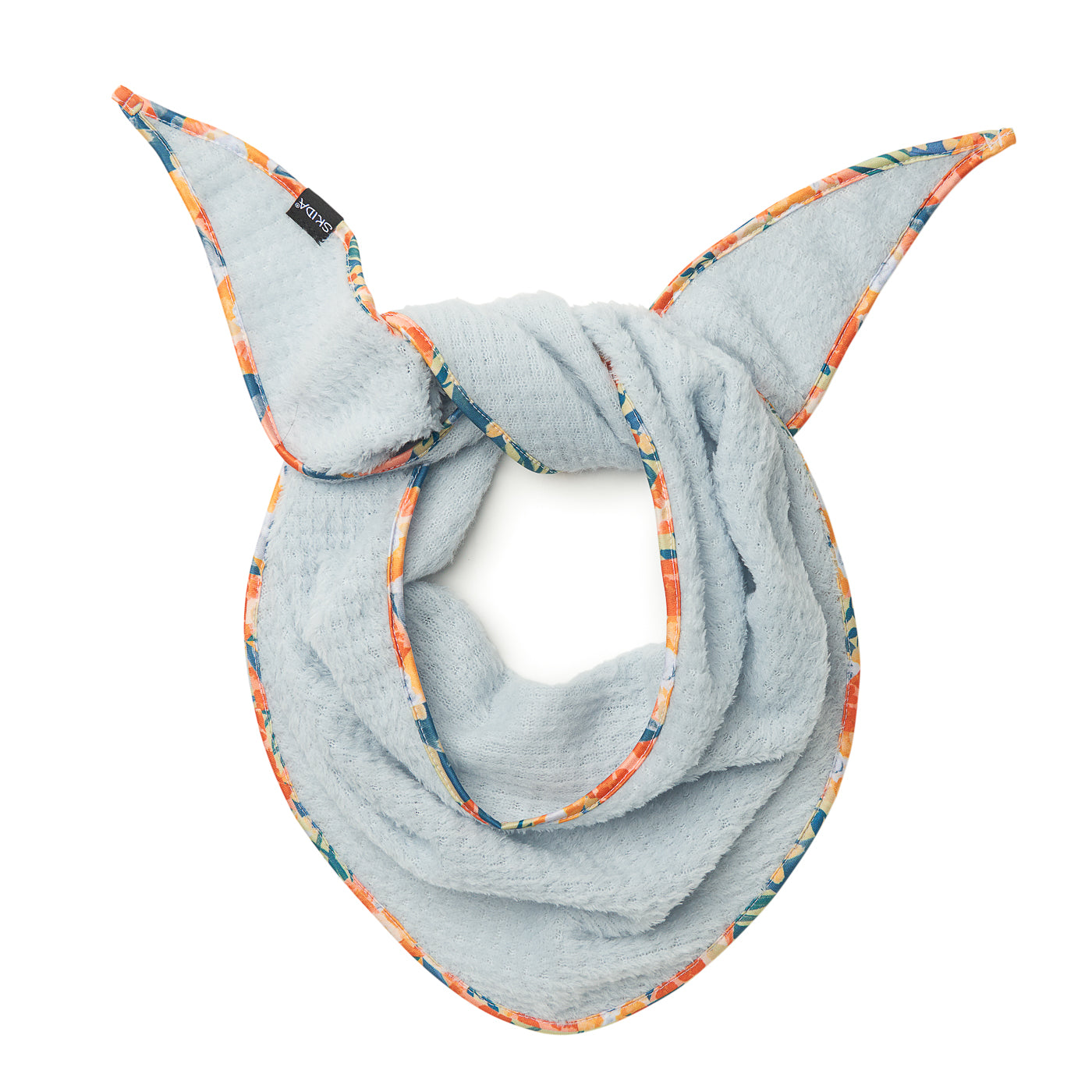 Light blue fleece scarflette with colorful floral-patterned trim, looped and tied, studio shot