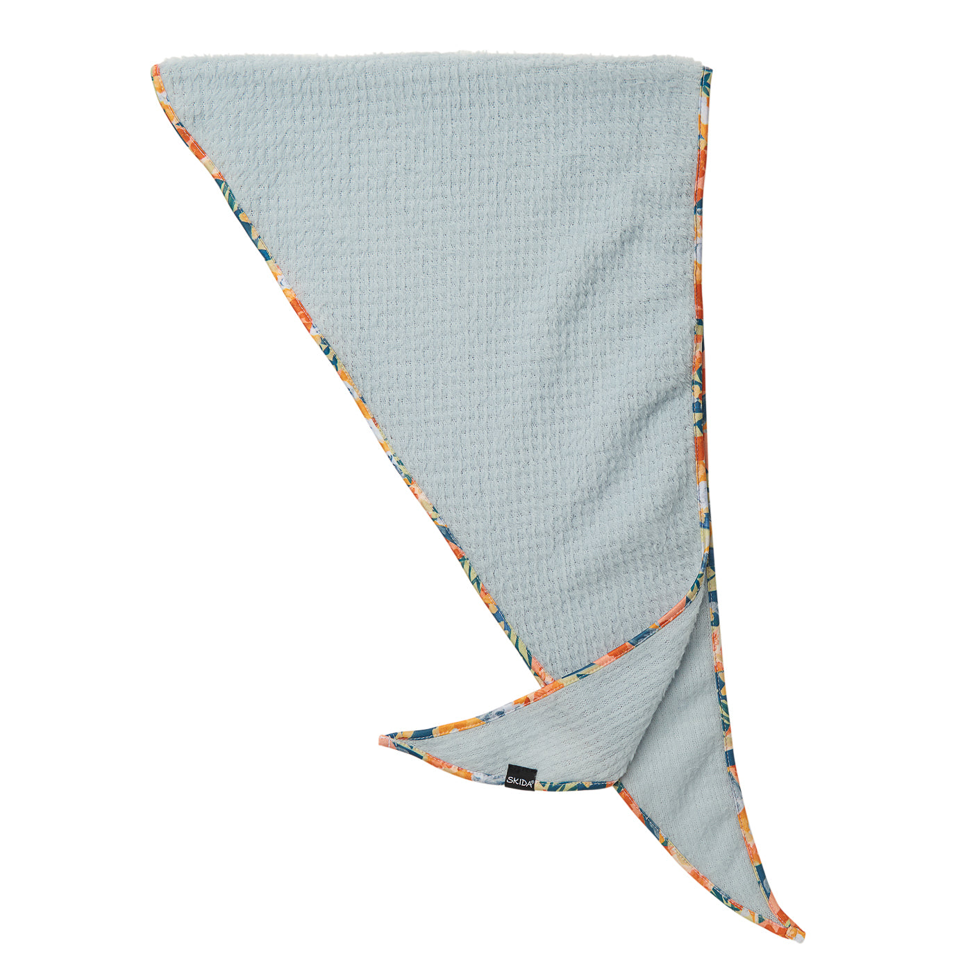 Light blue fleece scarflette with colorful floral trim binding, shown folded to display both sides