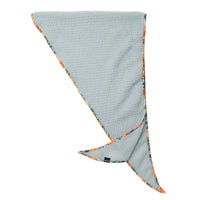 Light blue fleece scarflette with colorful floral trim binding, shown folded to display both sides