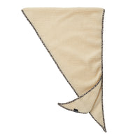 Triangular fleece scarflette in cream with leopard print border trim, flat lay view