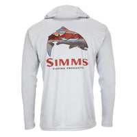 Long-sleeve hooded fishing shirt, back view, featuring colorful trout with landscape scene graphic