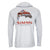 Long-sleeve hooded fishing shirt, back view, featuring colorful trout with landscape scene graphic