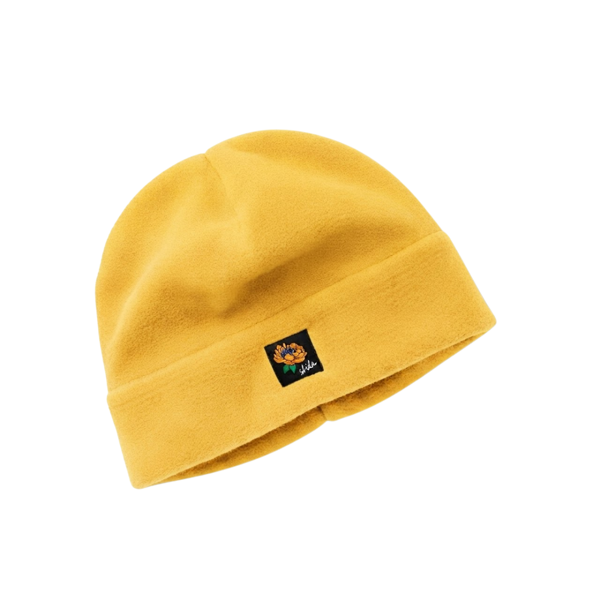 Golden yellow fleece beanie hat with small floral embroidered logo patch on cuff