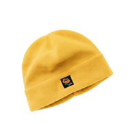 Golden yellow fleece beanie hat with small floral embroidered logo patch on cuff