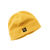 Golden yellow fleece beanie hat with small floral embroidered logo patch on cuff