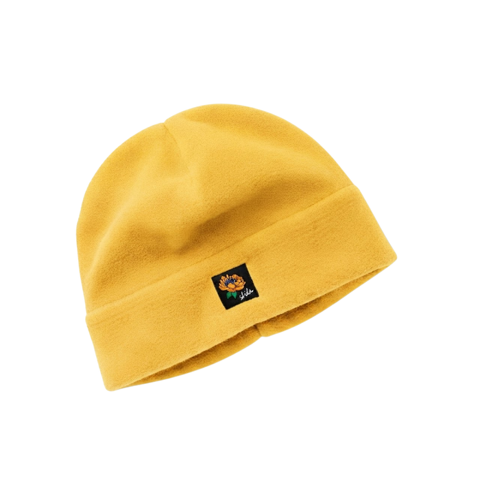 Golden yellow fleece beanie hat with small floral embroidered logo patch on cuff