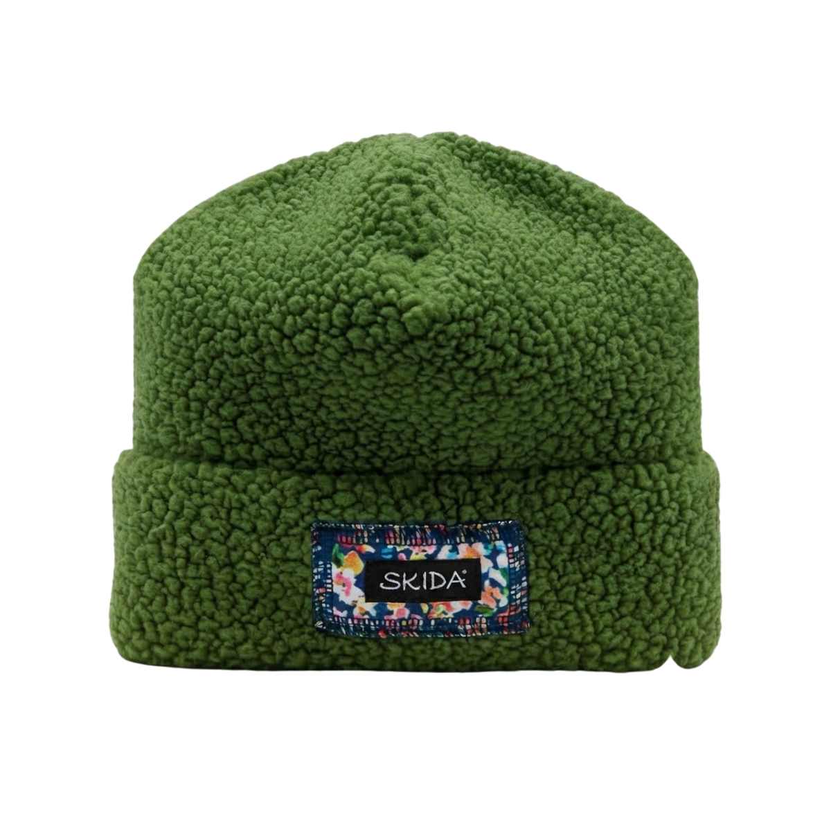 Green sherpa fleece cuffed beanie with branded patch on front cuff, flat lay view