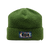 Green sherpa fleece cuffed beanie with branded patch on front cuff, flat lay view