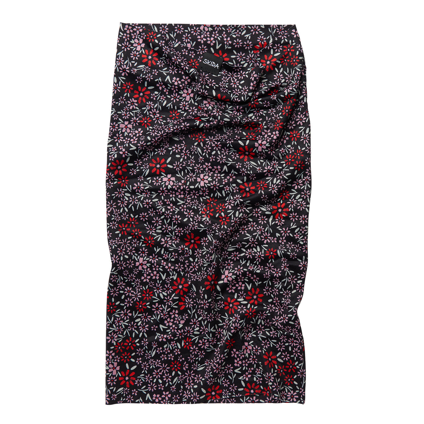 Floral patterned neck gaiter laid flat, black with red and pink flowers, tube style
