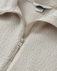 Close-up detail of a sherpa fleece jacket showing zipper, collar, and texture