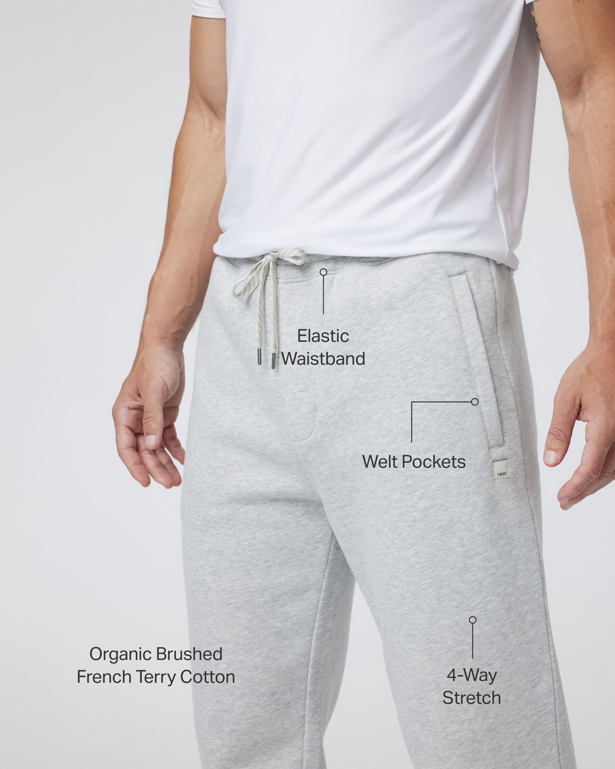 Men's grey sweatpants with elastic drawstring waistband and welt pockets, front detail view