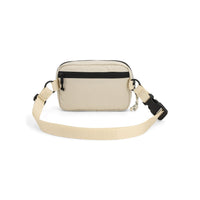 Light cream colored ripstop belt bag with black zipper and adjustable webbing strap