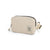 Cream colored belt bag with black zipper trim and adjustable strap, quarter view