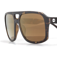 Square tortoise shell sunglasses with bronze polarized lenses, angled close-up view