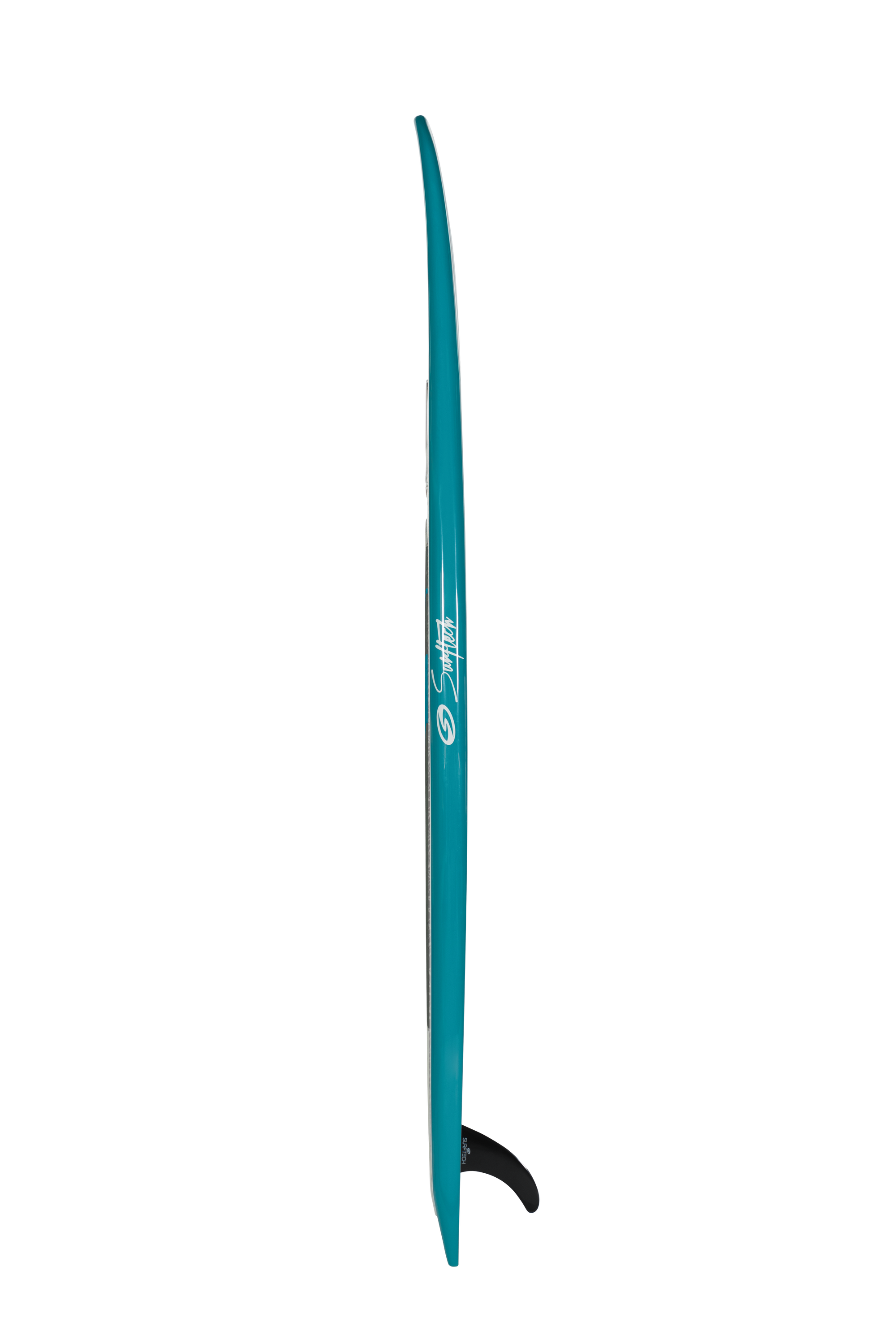 Teal surfboard with single fin shown in profile view against white background