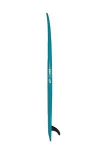 Teal surfboard with single fin shown in profile view against white background