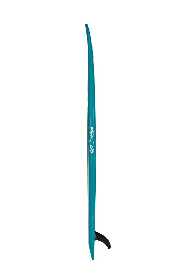 Teal surfboard with single fin shown in profile view against white background
