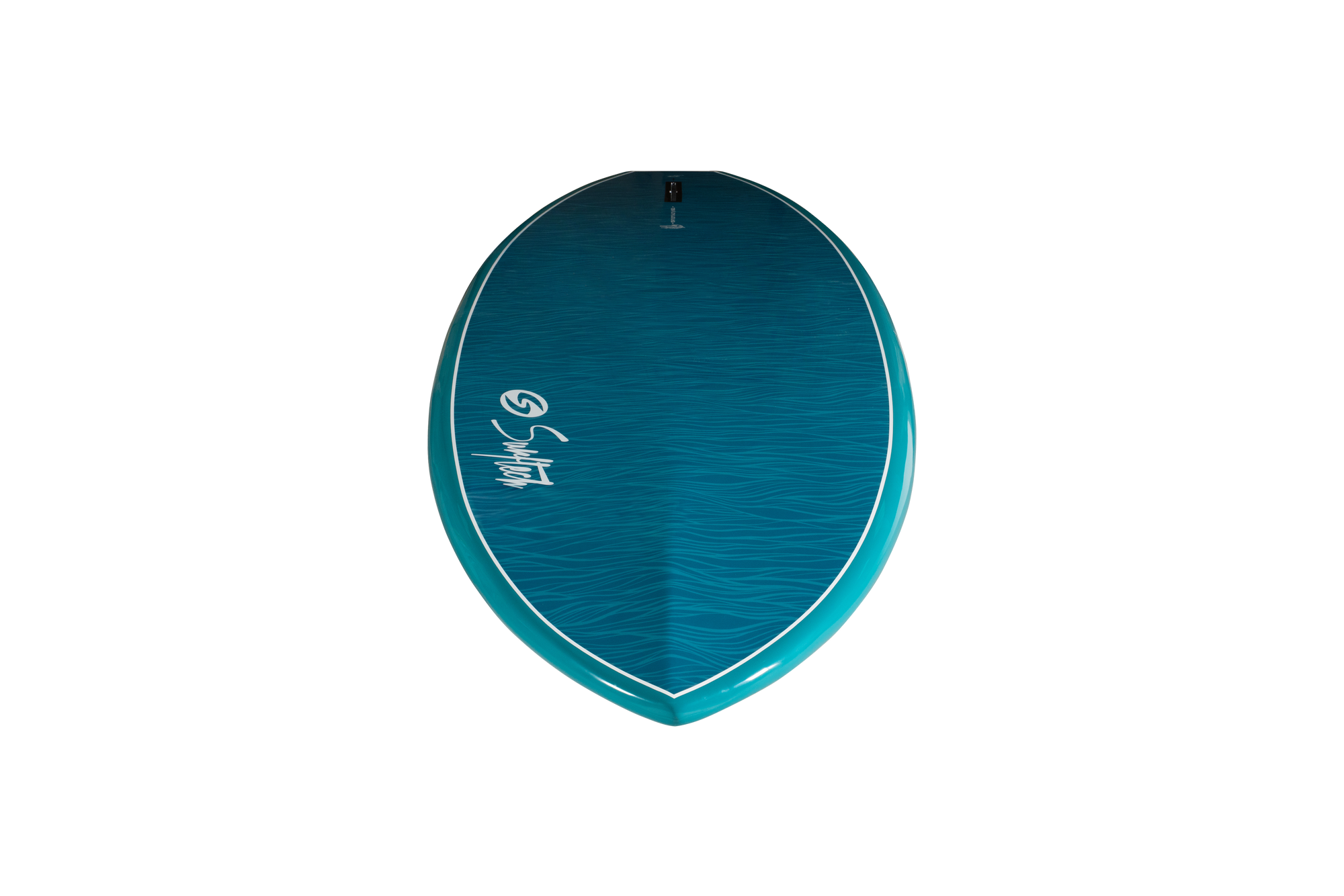 Teal surfboard or paddle board shown from top view with white logo