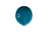 Teal surfboard or paddle board shown from top view with white logo