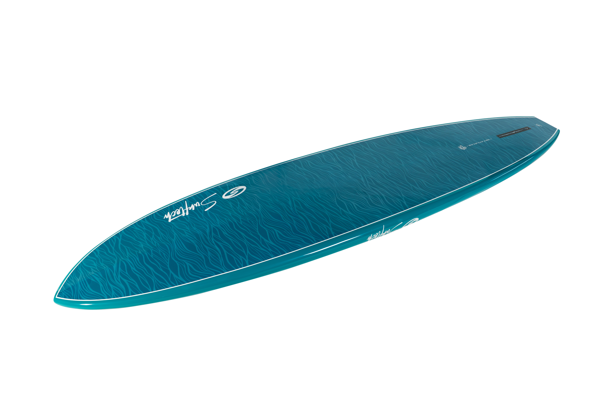 Teal longboard surfboard with decorative wave pattern, angled overhead view on white background