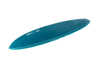 Teal longboard surfboard with decorative wave pattern, angled overhead view on white background