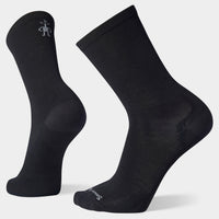 Black crew-length socks shown from side and back angles, displaying heel and logo detail