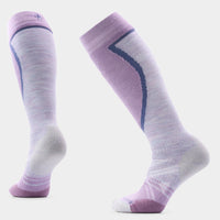 Knee-high ski socks in lavender with blue zigzag accent stripe, shown front and back views