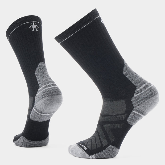 Black crew hiking socks with grey targeted cushioning zones shown from two angles