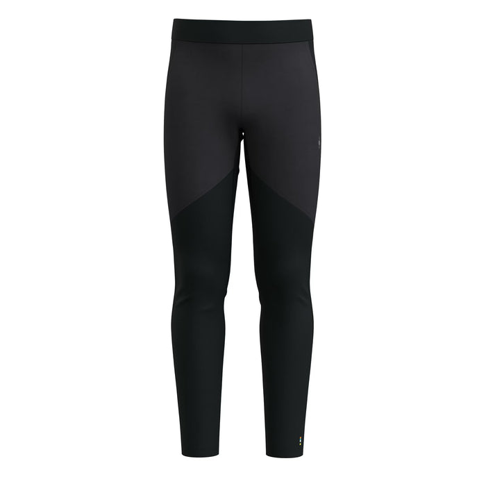 Black men's athletic wind tight pants with paneled design, flat lay front view