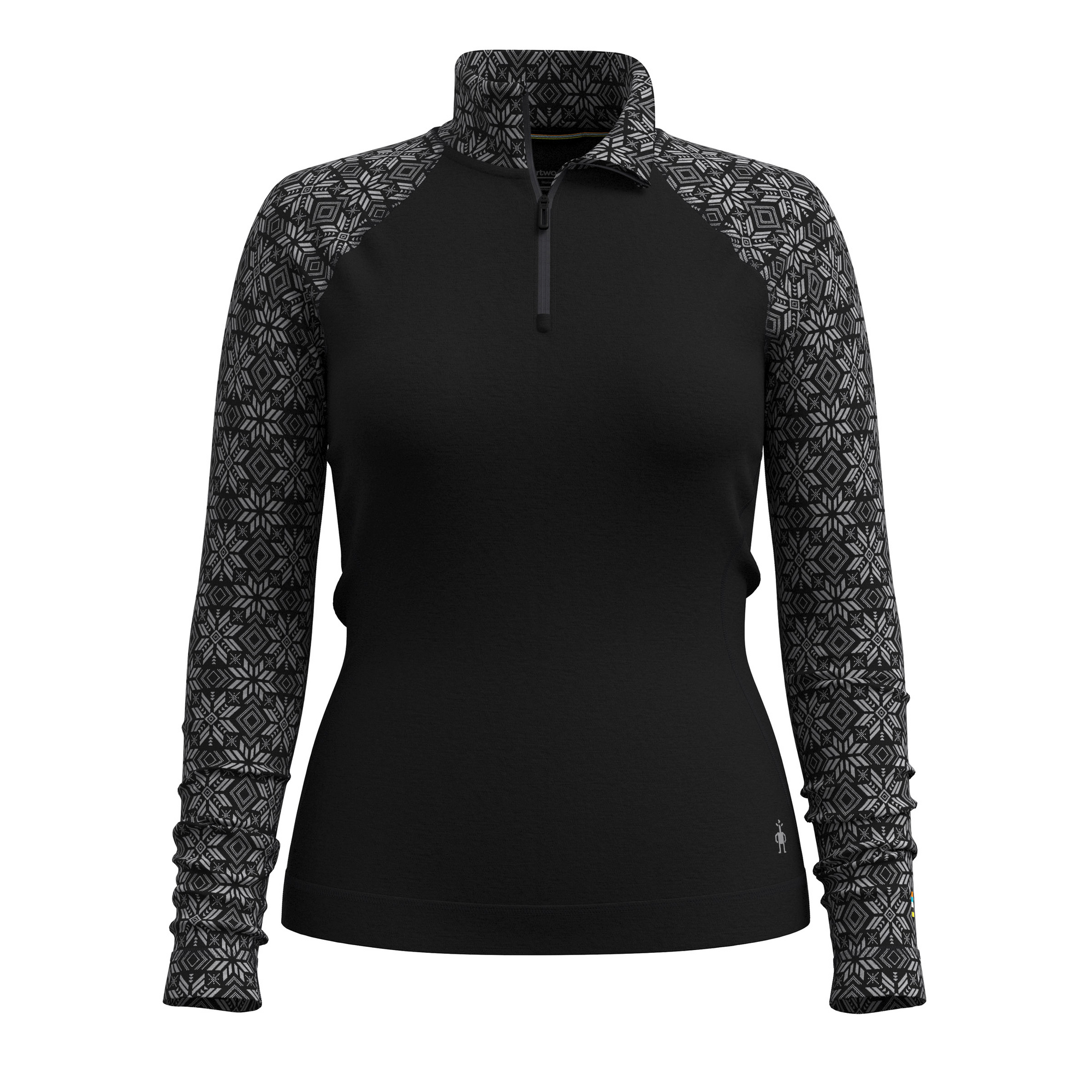 Women's quarter-zip thermal pullover with solid black body and Fair Isle patterned sleeves and collar