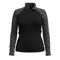 Women's quarter-zip thermal pullover with solid black body and Fair Isle patterned sleeves and collar