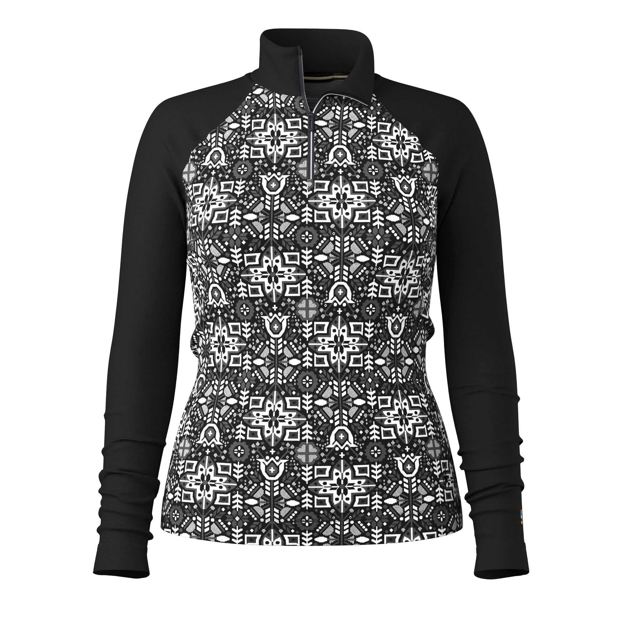 Women's quarter-zip base layer with black sleeves and black-white Fair Isle patterned body, front view