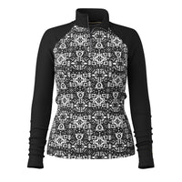 Women's quarter-zip base layer with black sleeves and black-white Fair Isle patterned body, front view