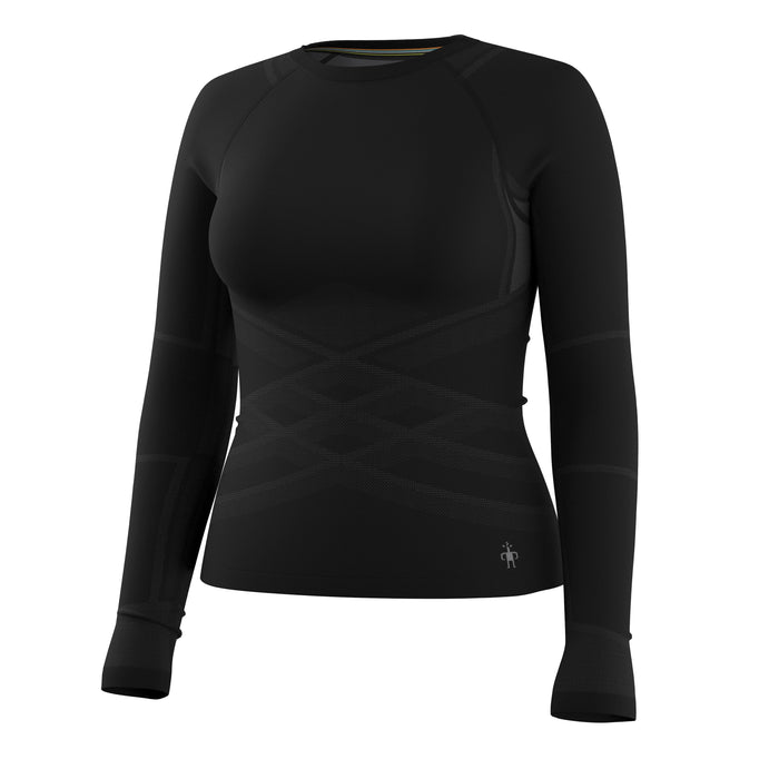 Black long-sleeve fitted base layer crew with seamless knit detailing and ribbed cuffs, front view