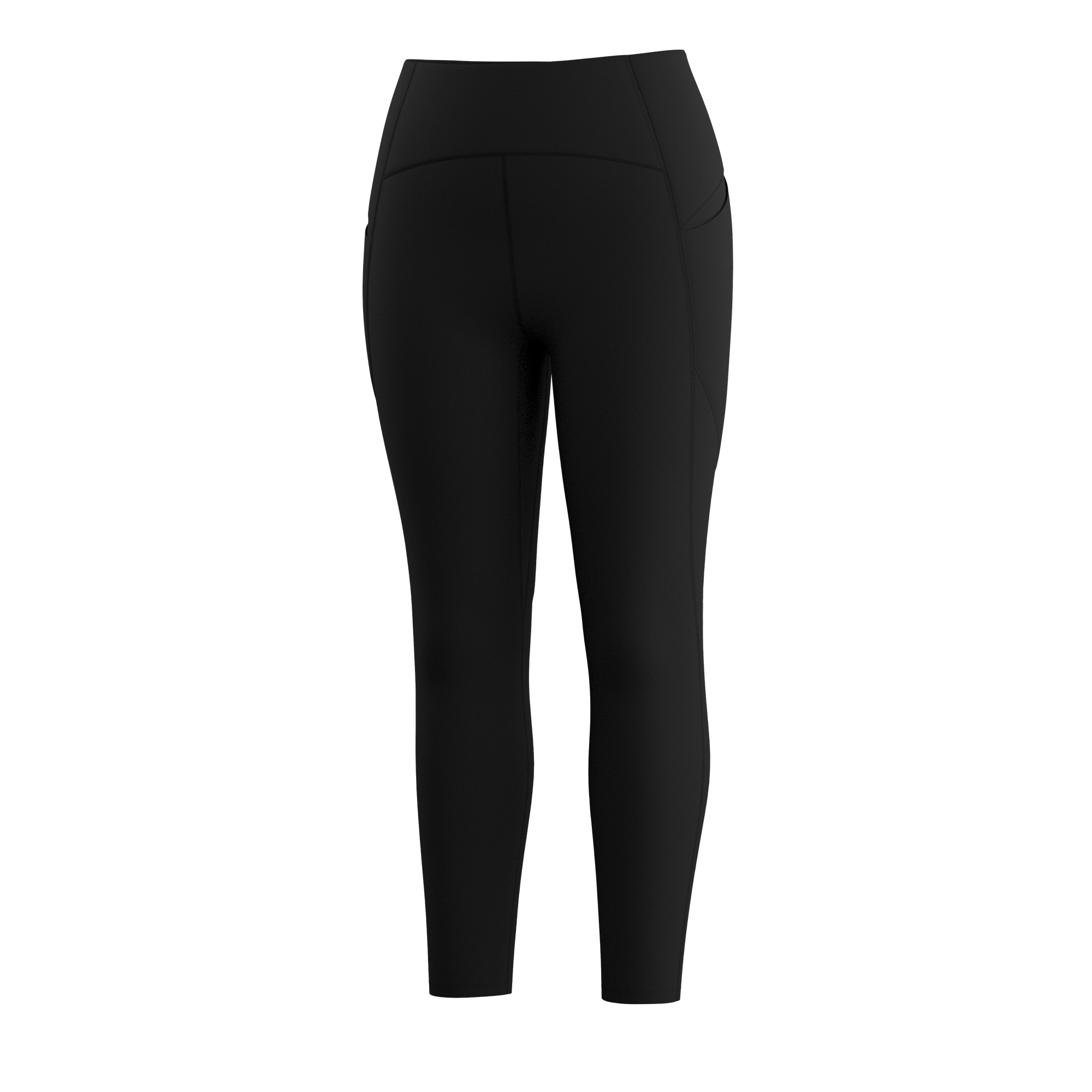 Black high-waist athletic leggings with side pocket, rear three-quarter view