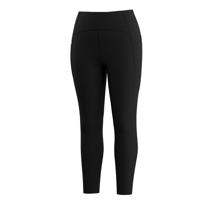 Black high-waist athletic leggings with side pocket, rear three-quarter view