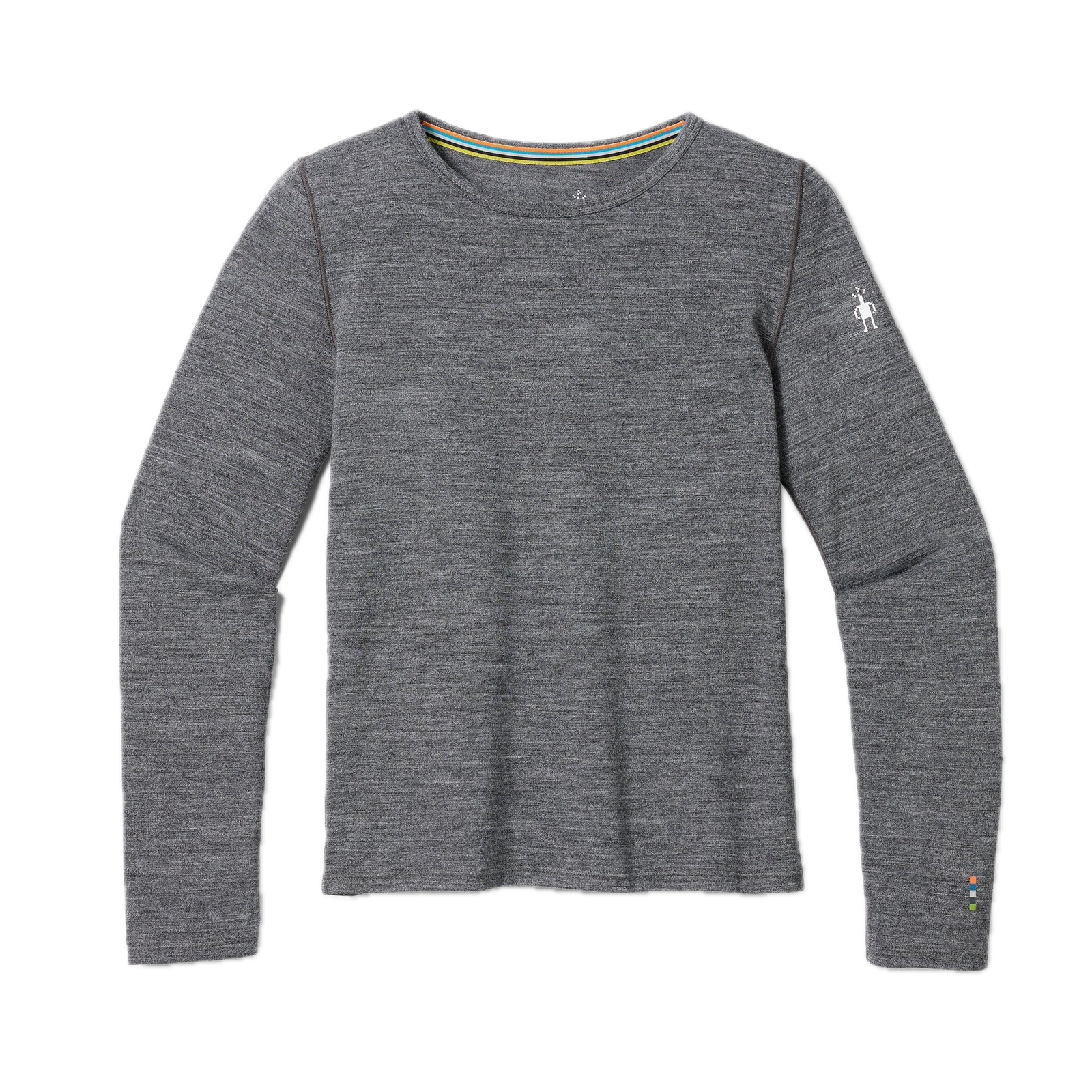 Kids' long-sleeve merino crew neck base layer in heathered gray, flat lay front view