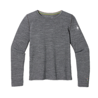 Kids' long-sleeve merino crew neck base layer in heathered gray, flat lay front view