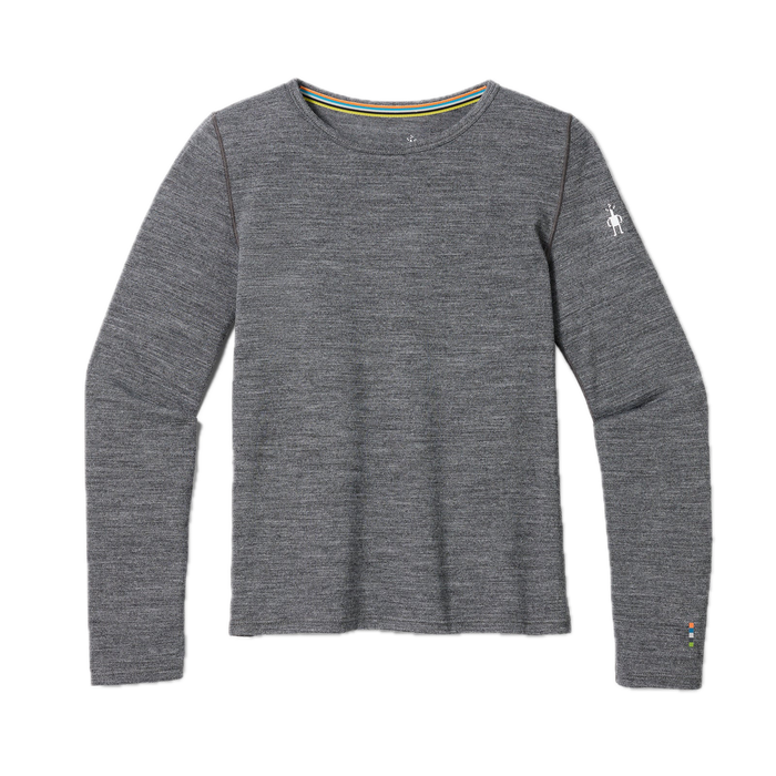 Kids' long-sleeve merino crew neck base layer in heathered gray, flat lay front view