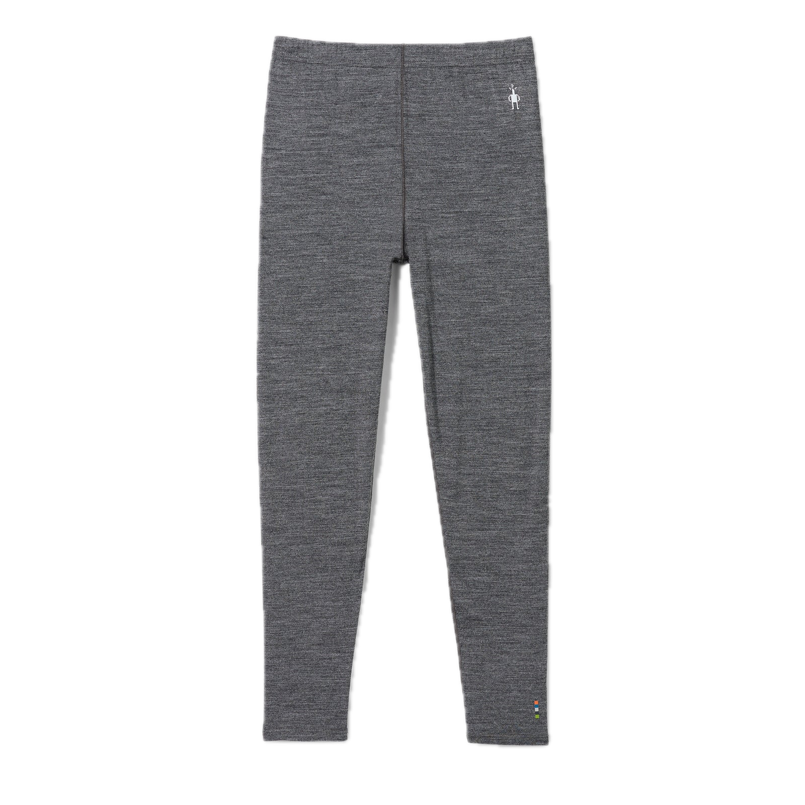 Kids' slim-fit merino wool base layer leggings in heathered gray, flat lay front view