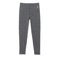 Kids' slim-fit merino wool base layer leggings in heathered gray, flat lay front view