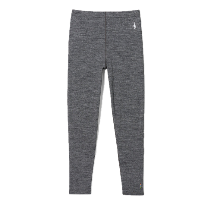 Kids' slim-fit merino wool base layer leggings in heathered gray, flat lay front view