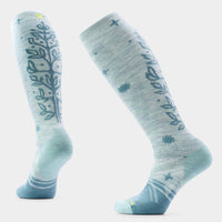 Knee-high ski socks in mint green with floral vine and star patterns, shown front and back views