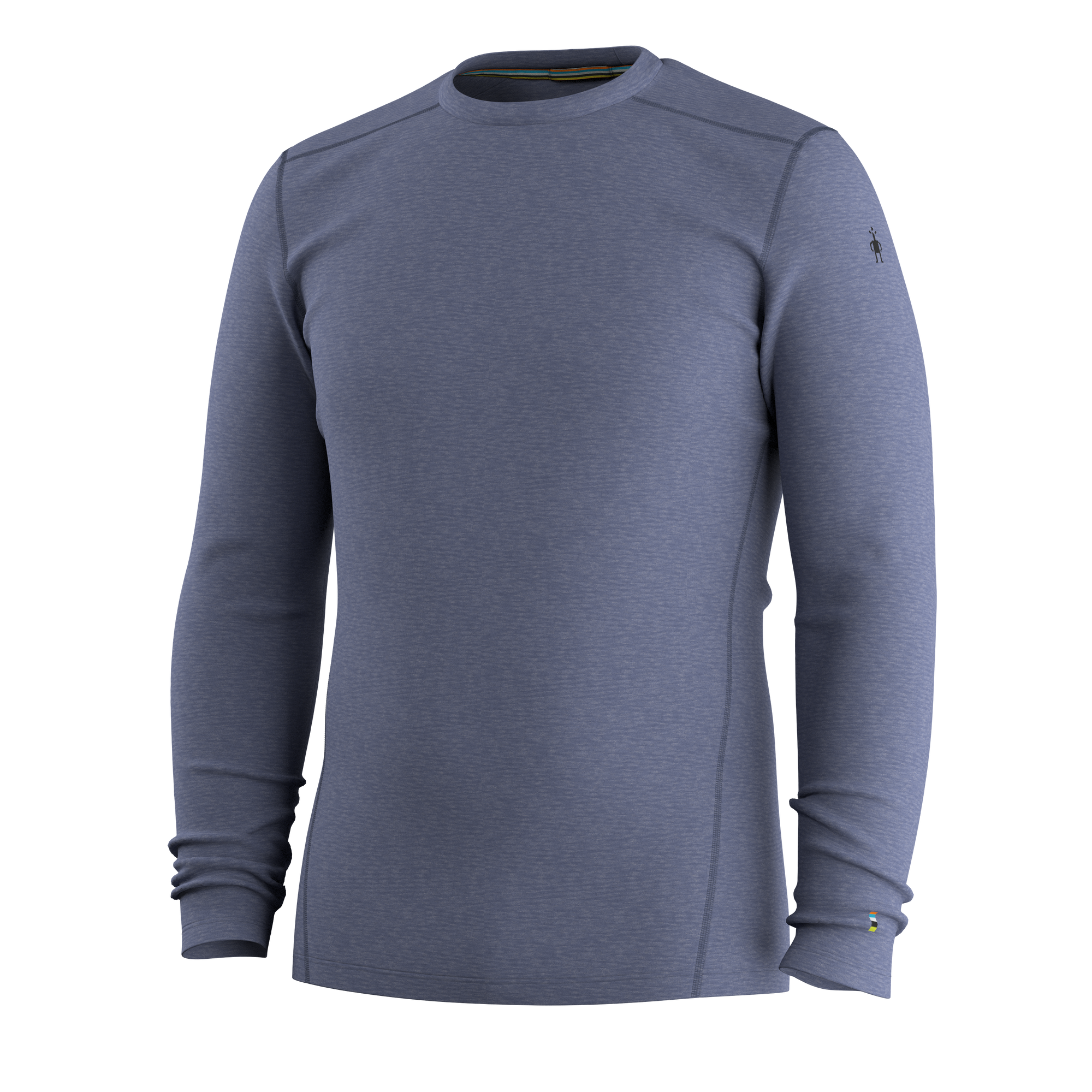 Men's long-sleeve merino wool base layer crew neck top, front view, heathered blue