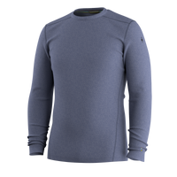 Men's long-sleeve merino wool base layer crew neck top, front view, heathered blue